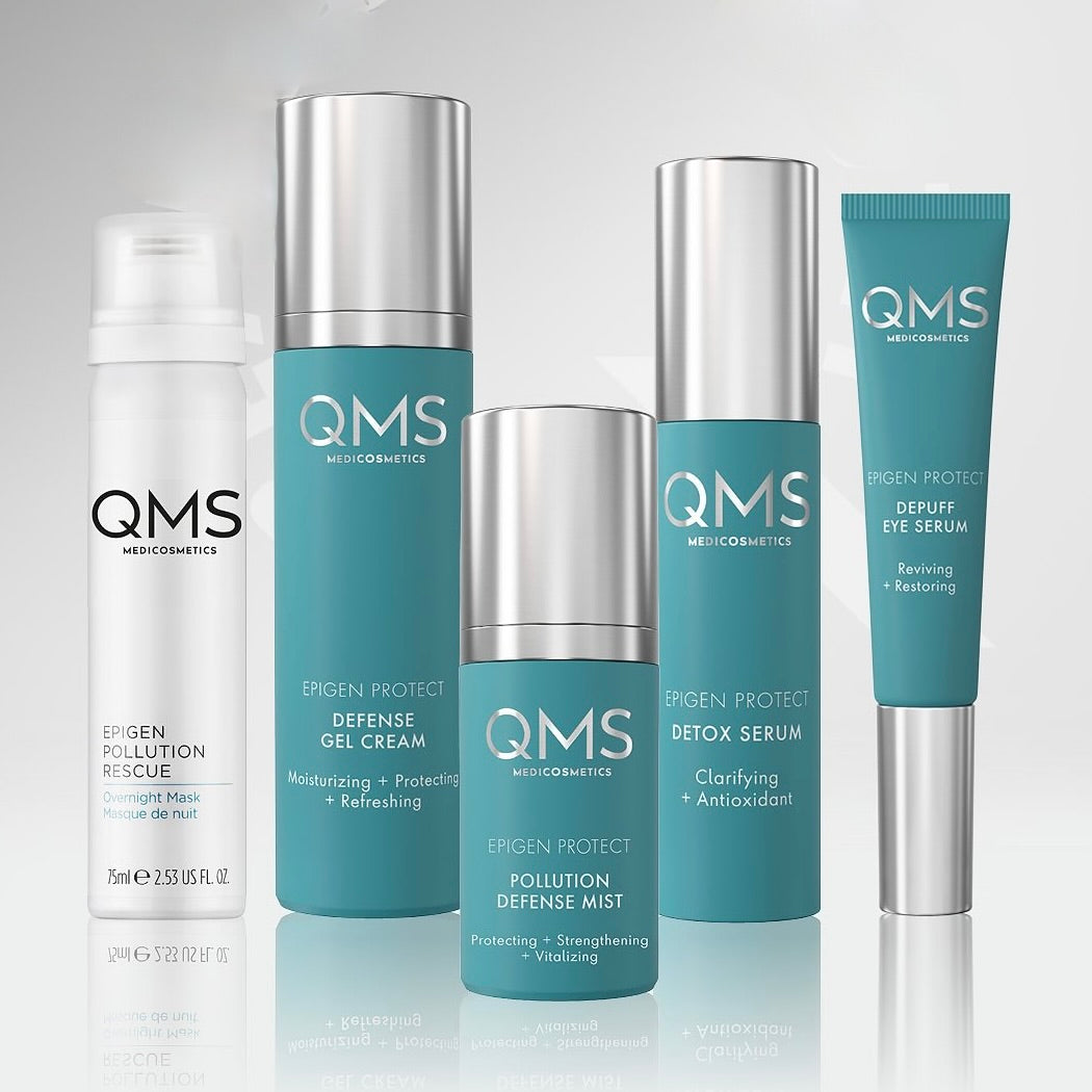 QMS Epigen Protect Set – 5-delige anti-pollution skincare routine: mist, serum, gel-crème, oogserum en nachtmasker.
QMS Epigen Protect Complete Set – 5 producten
QMS Epigen Protect Pollution Defense Mist – anti-pollution spray
QMS Epigen Protect Defense Gel Cream – dag en nacht gel-crème
QMS Epigen Protect Detox Serum – epigenetisch serum
QMS Epigen Protect Depuff Eye Serum – anti-pollutie oogserum
QMS Epigen Protect Rescue Overnight Mask – nachtmasker