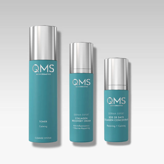 barrier repair trio
huidbarrière herstellen
huid herstellen na zomer
collageen verzorging
hydraterende gezichtscrème
QMS Medicosmetics
gevoelige huid kalmeren
